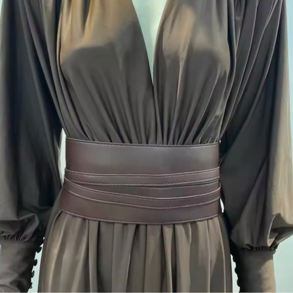 Elegant Brown Belted Maxi Dress M - Picture 4 of 8